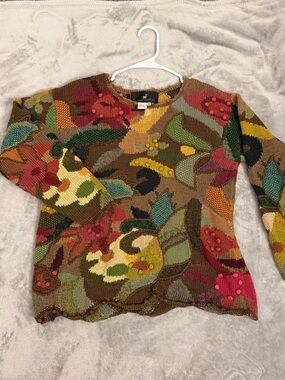 Peruvian Connection Brown Multicolor Floral Crewneck Sweater